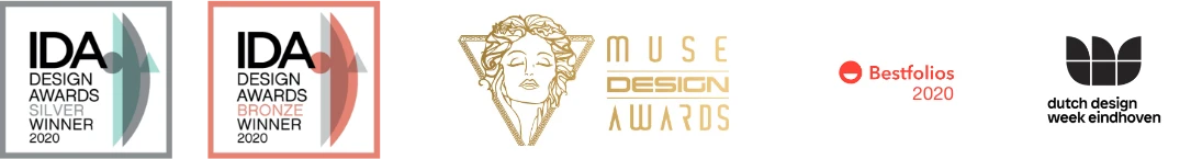 Award badges: IDA Silver and Bronze 2020, MUSE Design Awards, Bestfolios 2020, Dutch Design Week Eindhoven.