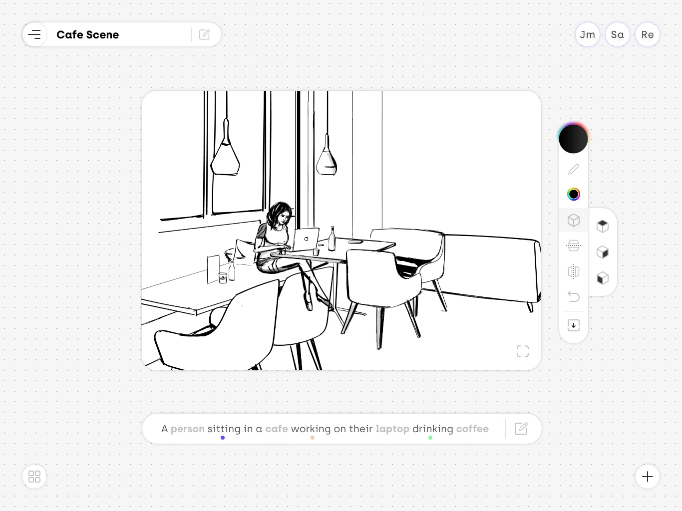 The finished Cafe Scene storyboard frame, generated from a typed description.
