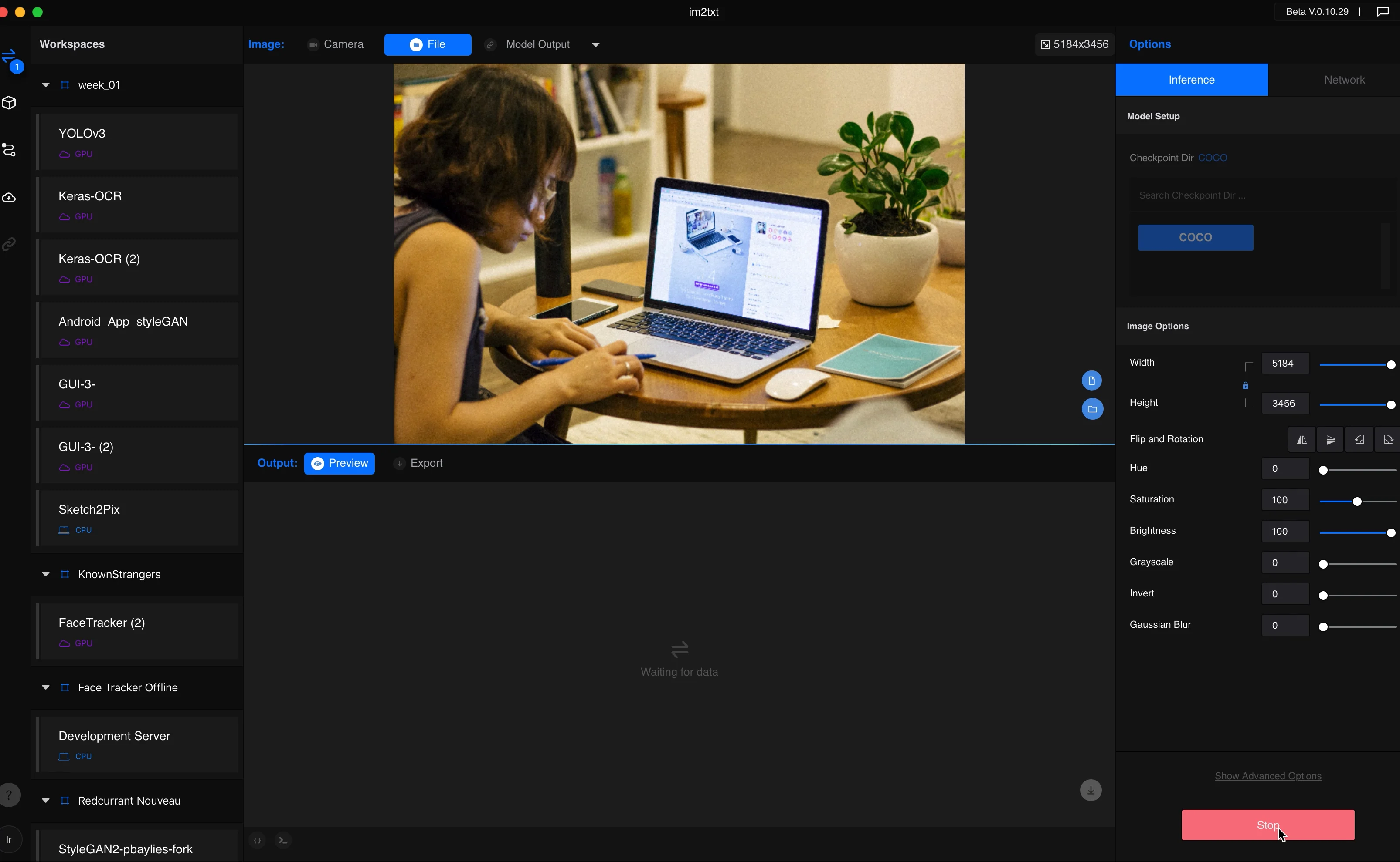 The Runway ML workspace running the COCO model, with the chained model pipeline in the sidebar.