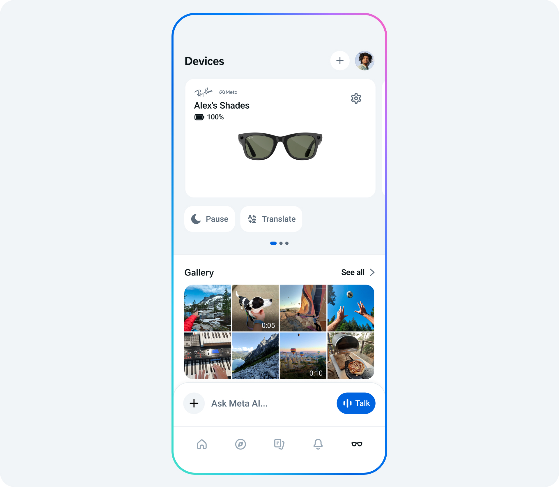 Ray-Ban Meta companion app — Devices home with paired glasses, gallery, and the Ask Meta AI input.